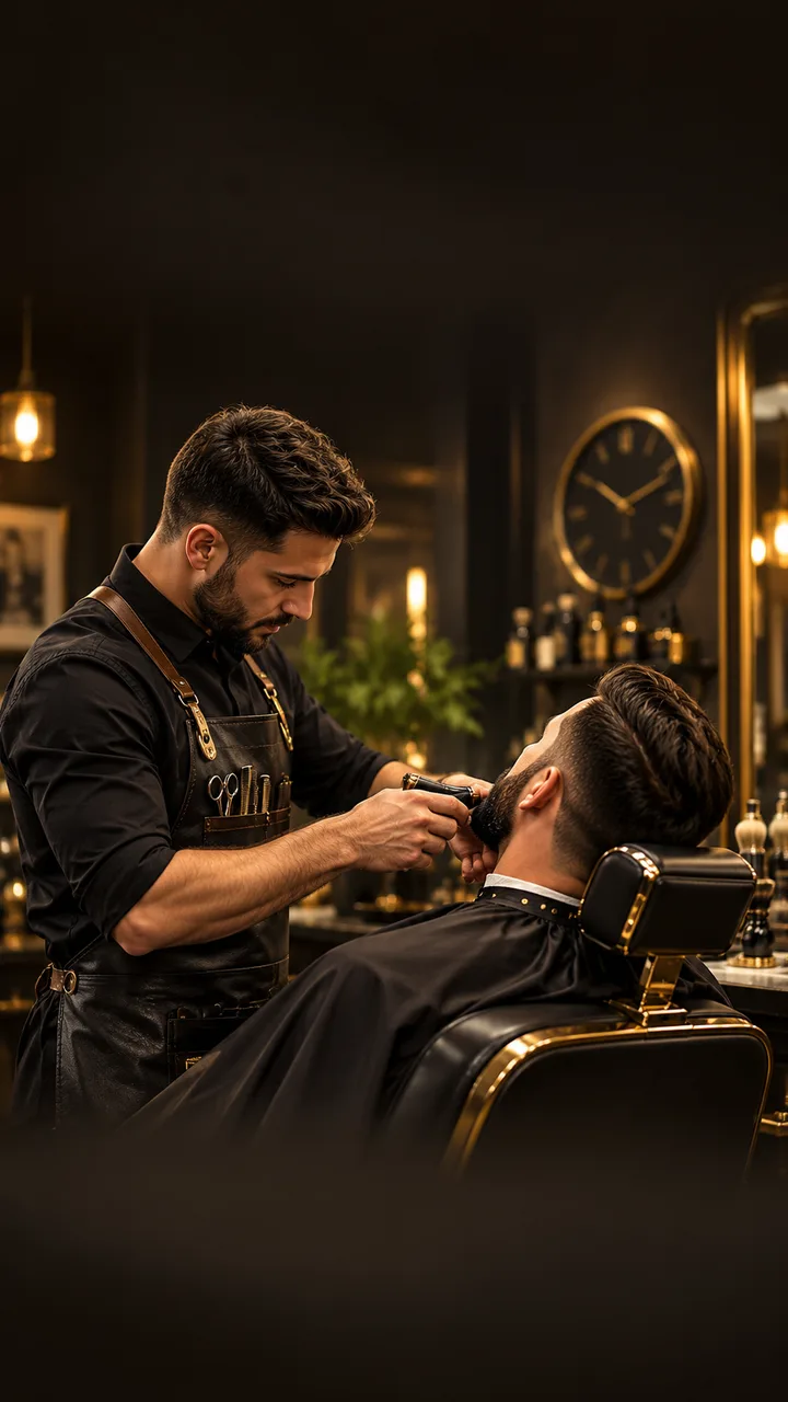 Exemplo de arte para barbearia: Sem fila, com barbeiro finalizando corte e barba
