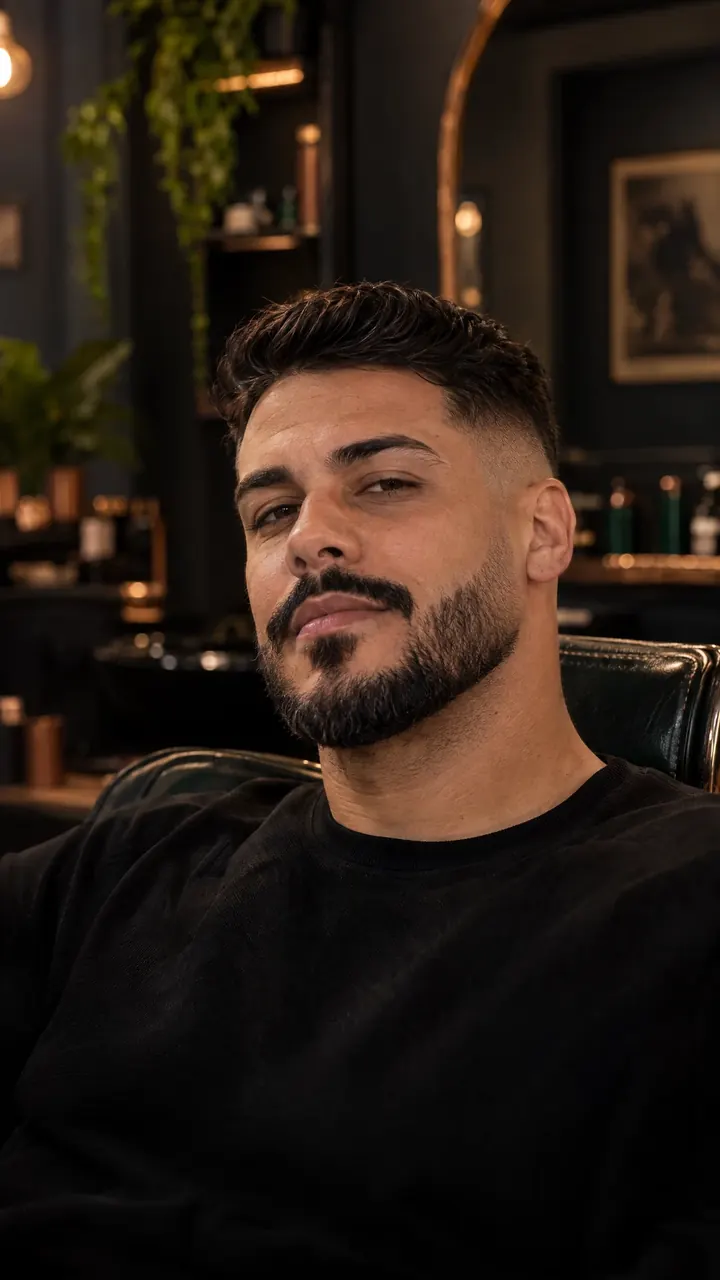 Exemplo de arte para barbearia: Na régua, com homem de corte e barba bem cuidados